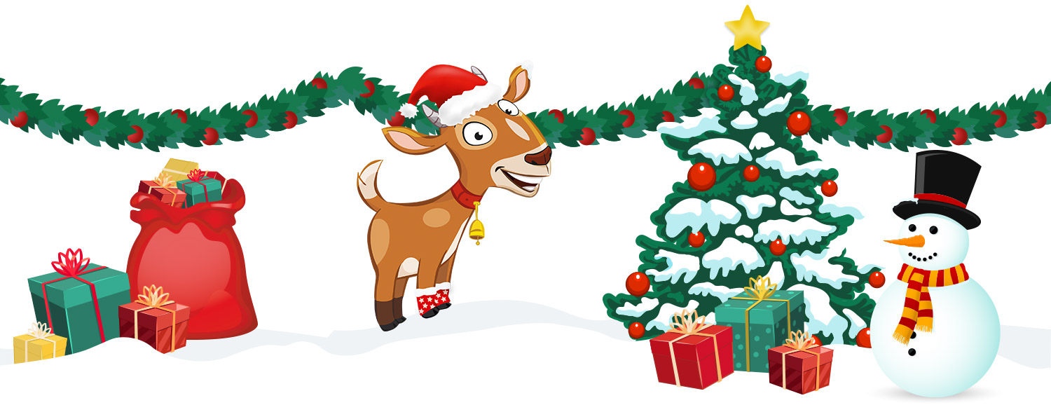 A reindeer wearing a Santa hat stands next to a snowman and a Christmas tree adorned with red ornaments and a yellow star, with a sack of gifts and several wrapped presents scattered around.