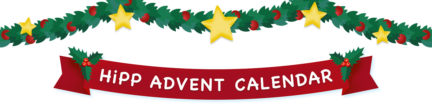 A red banner with the text "Hipp Advent Calendar" is centered between two green garlands adorned with red berries and yellow stars.