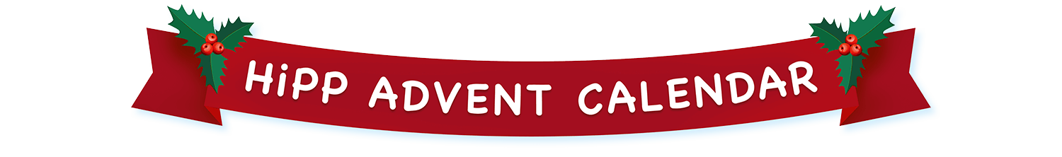 A red ribbon with white text reading “Hipp Advent Calendar” is flanked by two green holly leaves with red berries.