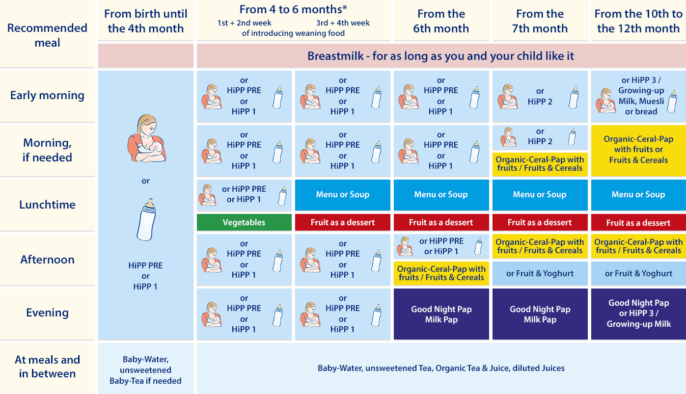 A monthly baby feeding guide detailing recommended meals and snacks for infants from birth to 12 months.
