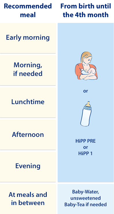 A feeding schedule for infants from birth to 4 months, detailing meal times and recommended foods.