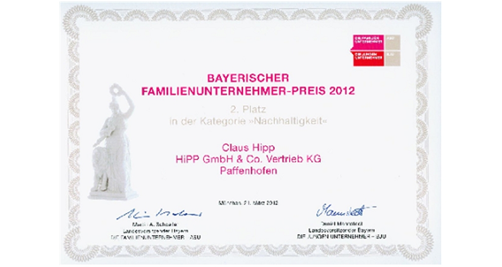 A certificate with text in German, indicating an award for second place in a category named "Nachhaltigkeit" (Sustainability) at the Bayerischer Familienunternehmer-Preis 2012, awarded to Claus Hipp from HiPP GmbH & Co. Vertrieb KG in Paffenhofen, dated March 21, 2012, with signatures at the bottom.